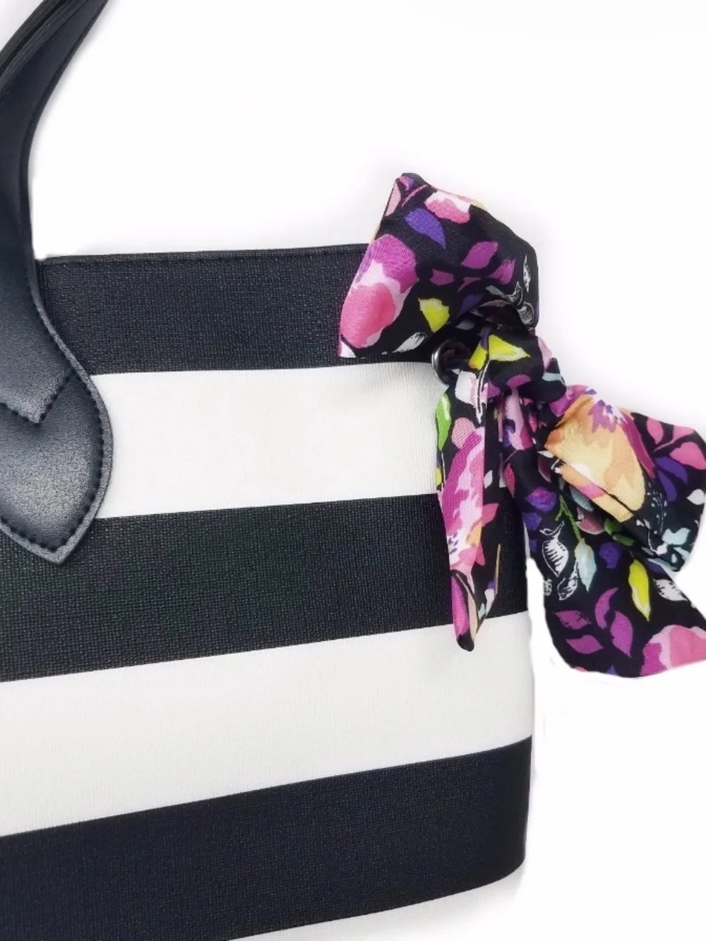 Black Tote Bag with Floral Scarf Accent - Women